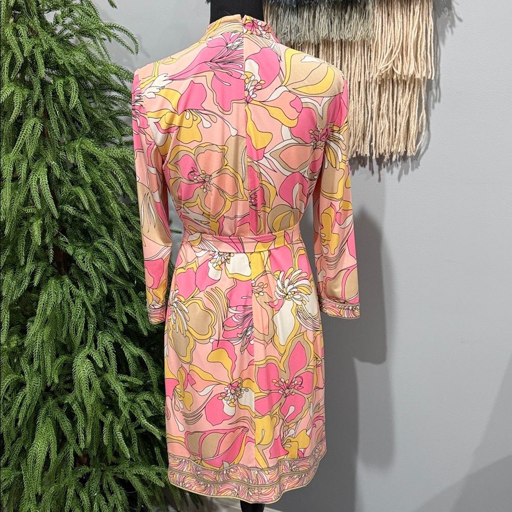 Tahari Arthur S. Levine Floral Sheath Dress Pink Yellow Size 4 Belted Retro Mod - Picture 5 of 8